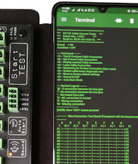 Android phone displaying cable tester operation.