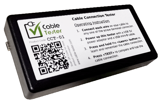 Product operation instruction sticker at the back of CCT-01 Cable Tester.