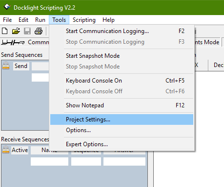 Docklight software project settings.