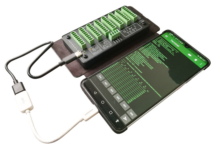 Connecting up cable tester to mobile phone via OTG USB connection.