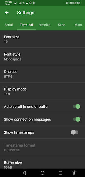 Recommended display settings on Serial USB Terminal APP.