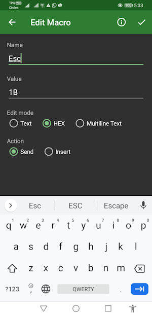 Shortcut button command data bytes in Ascii or hex code.