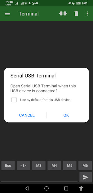 Open the COM port from the Serial USB Terminal Android APP.
